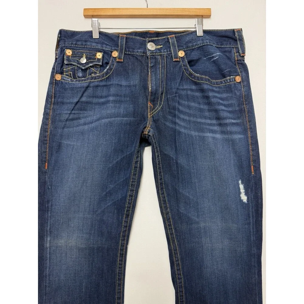 True Religion Ricky Jeans Mens 34x32 Blue Relaxed Straight Zip Fly Stretch Flap